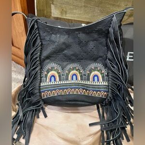 Cleobella Black Fringe Embroidered Women's Bucket Bag